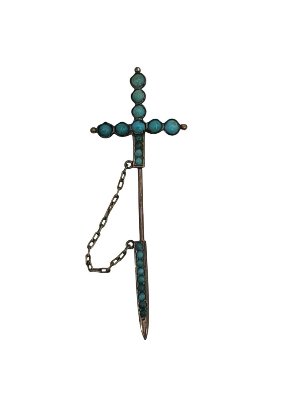 Antique Sword Motif Jabot Stick Pin w Tiny Turquoise Cabochons Sterling Brooch